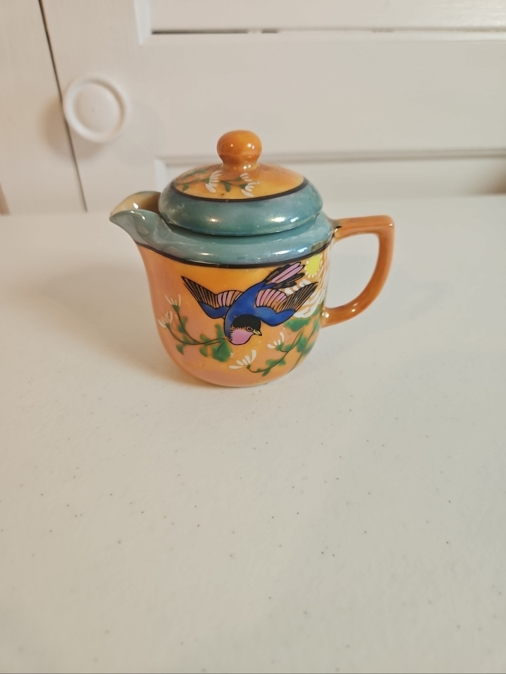 Vintage Japanese Peach & Blue Lustreware Small Creamer Pitcher Porcelain